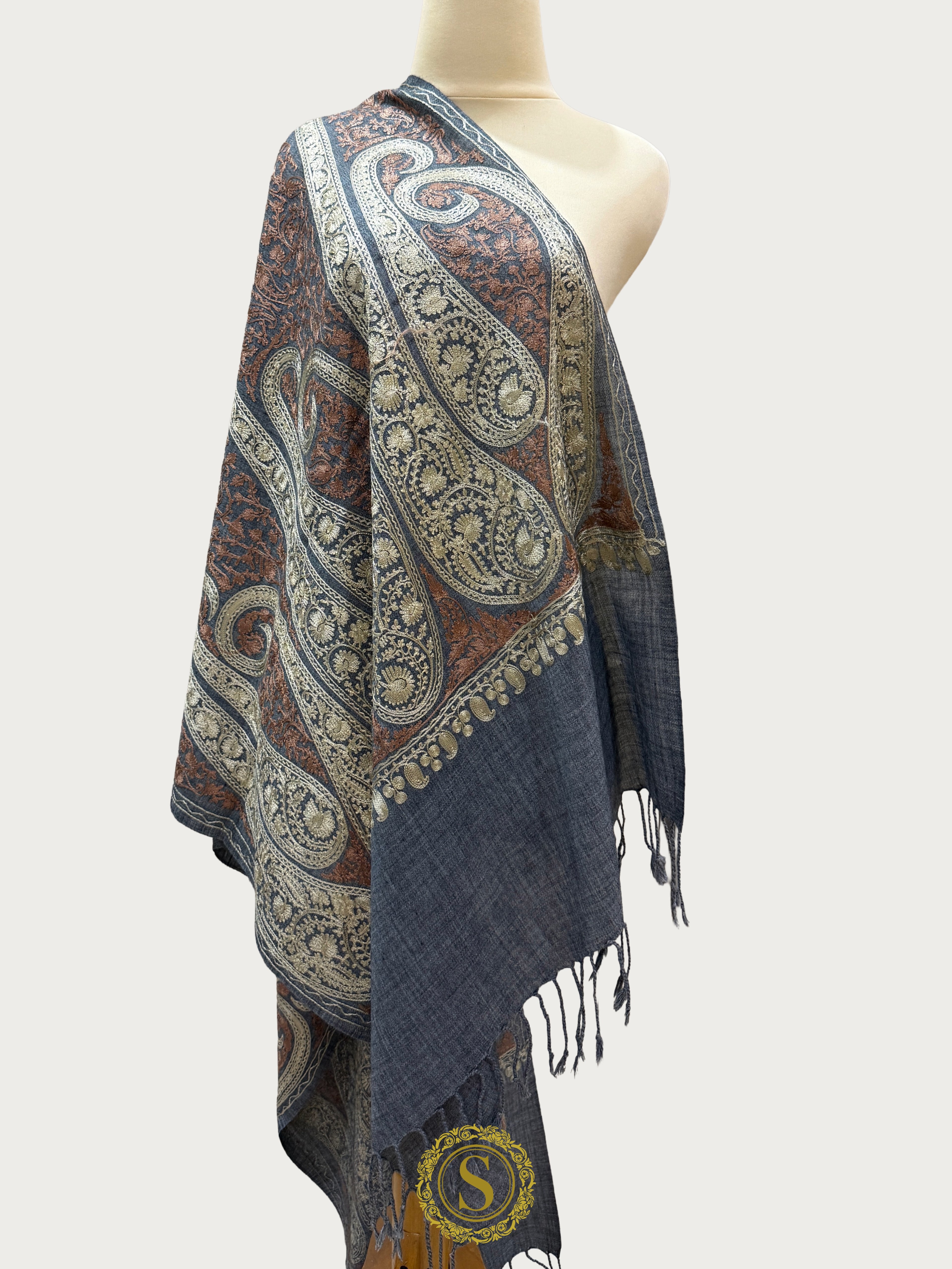 Elegant Kashmiri Aari Work Wool Shawl | Embroidered