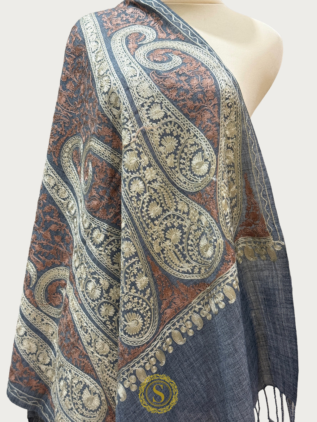 Elegant Kashmiri Aari Work Wool Shawl | Embroidered