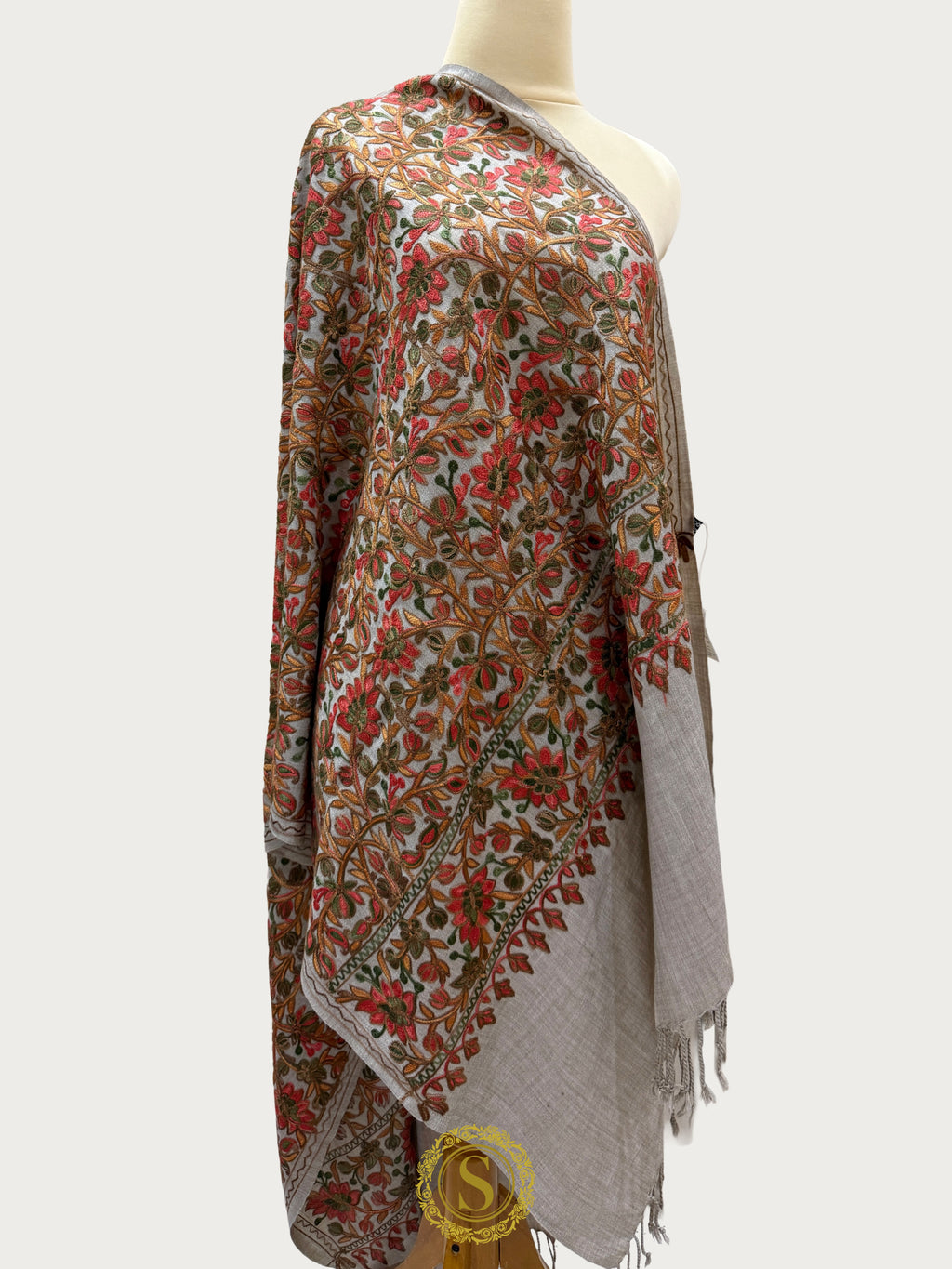Elegant Kashmiri Aari Work Wool Shawl | Embroidered