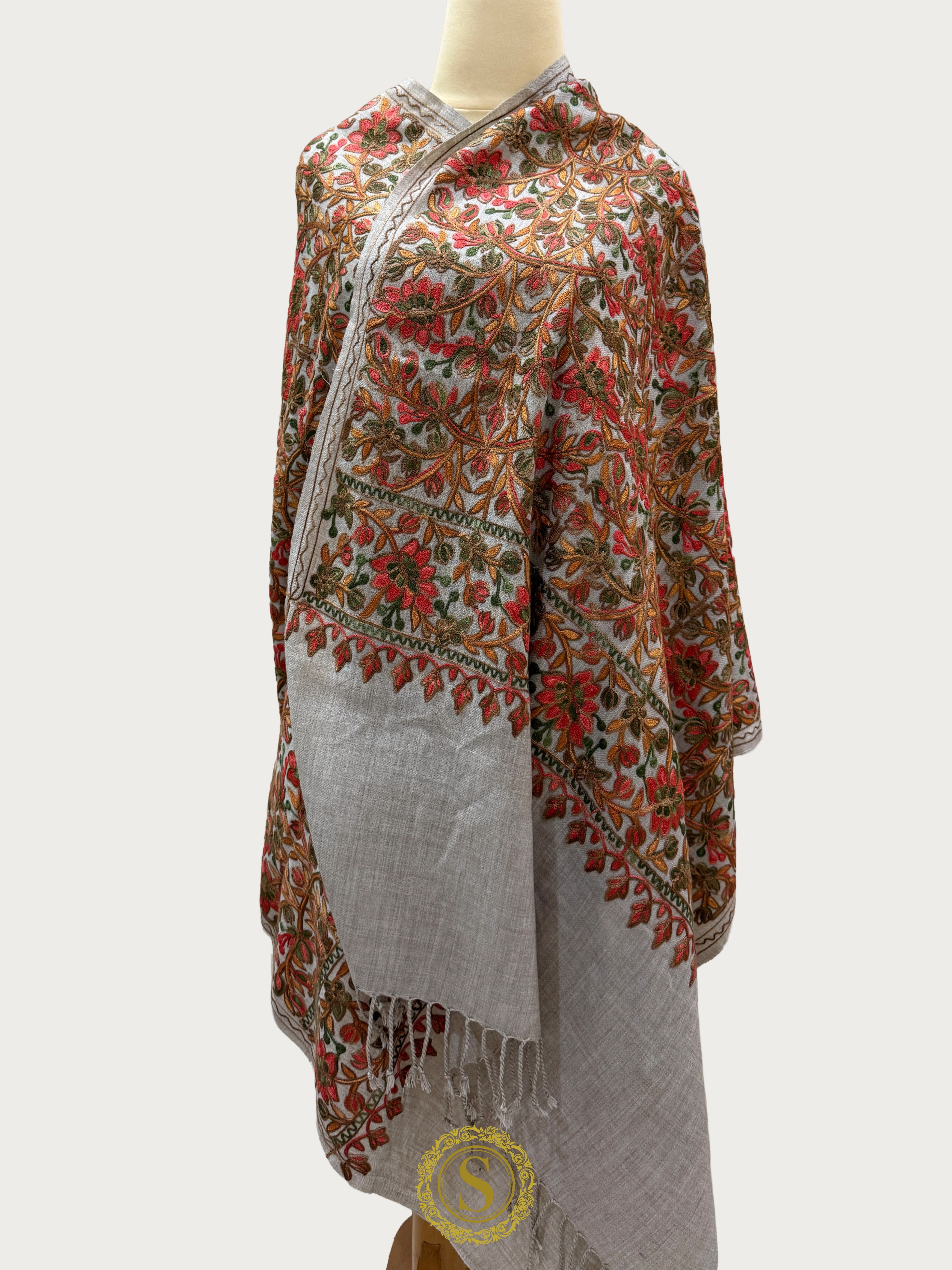 Elegant Kashmiri Aari Work Wool Shawl | Embroidered