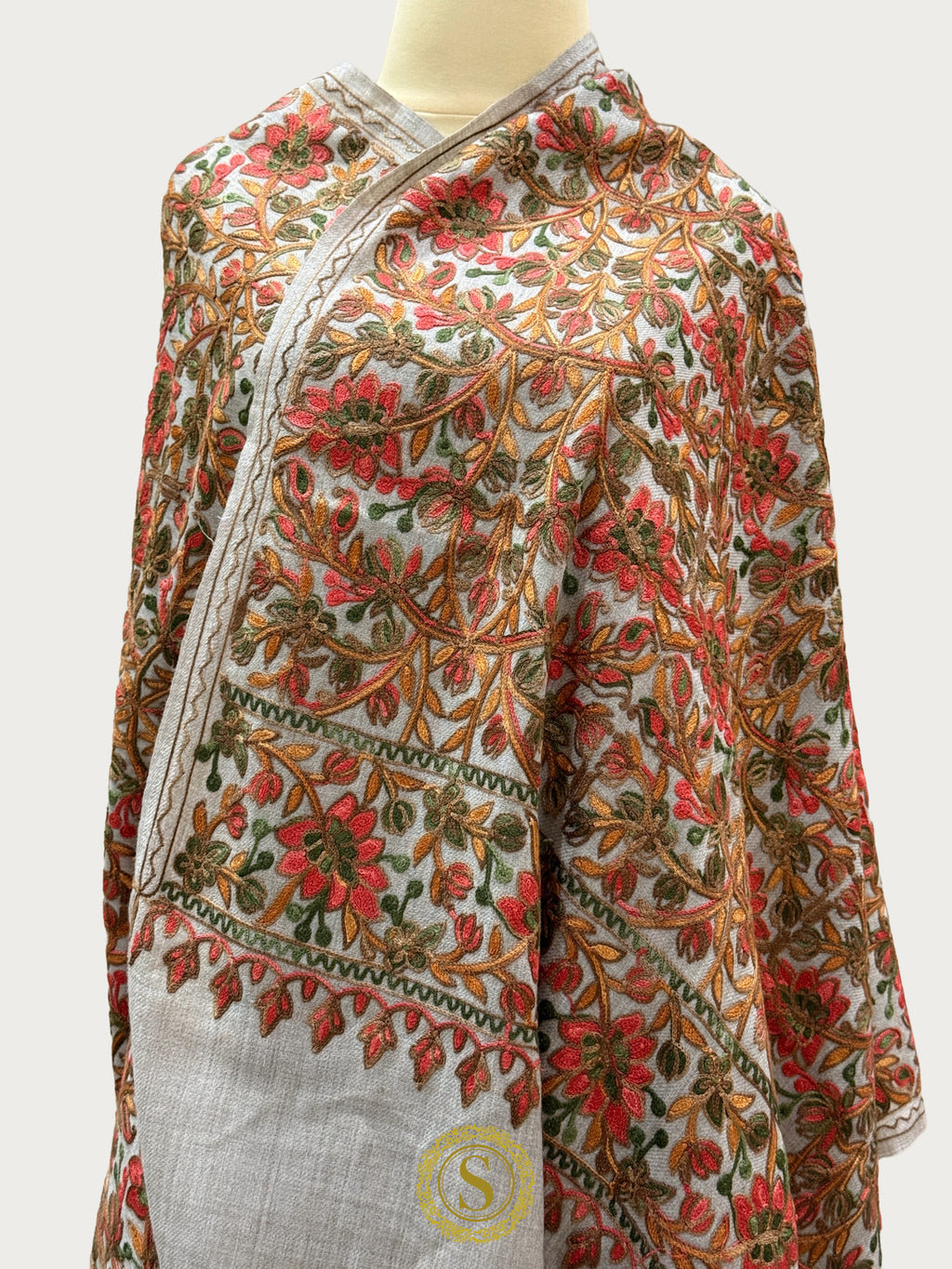 Elegant Kashmiri Aari Work Wool Shawl | Embroidered