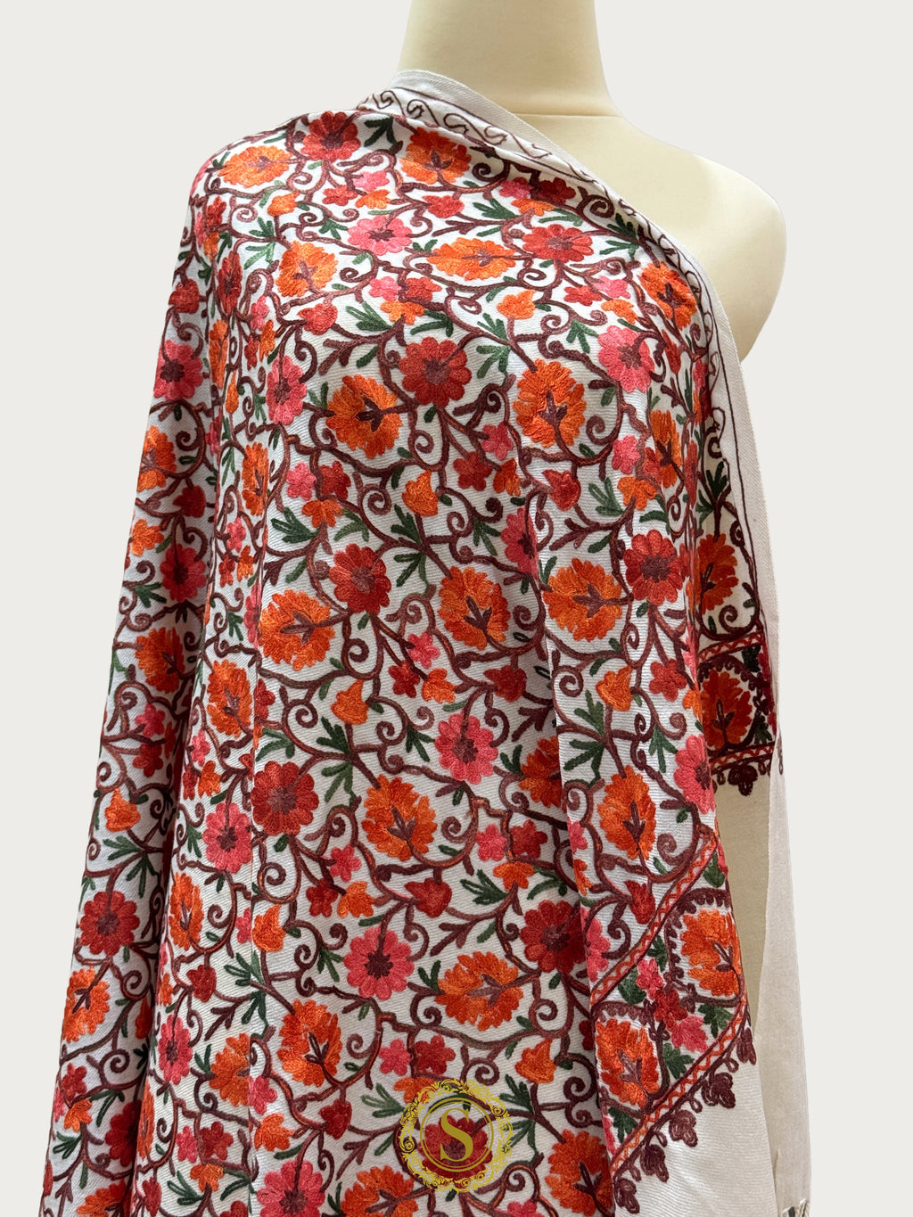 Elegant Kashmiri Aari Work Wool Shawl | Embroidered