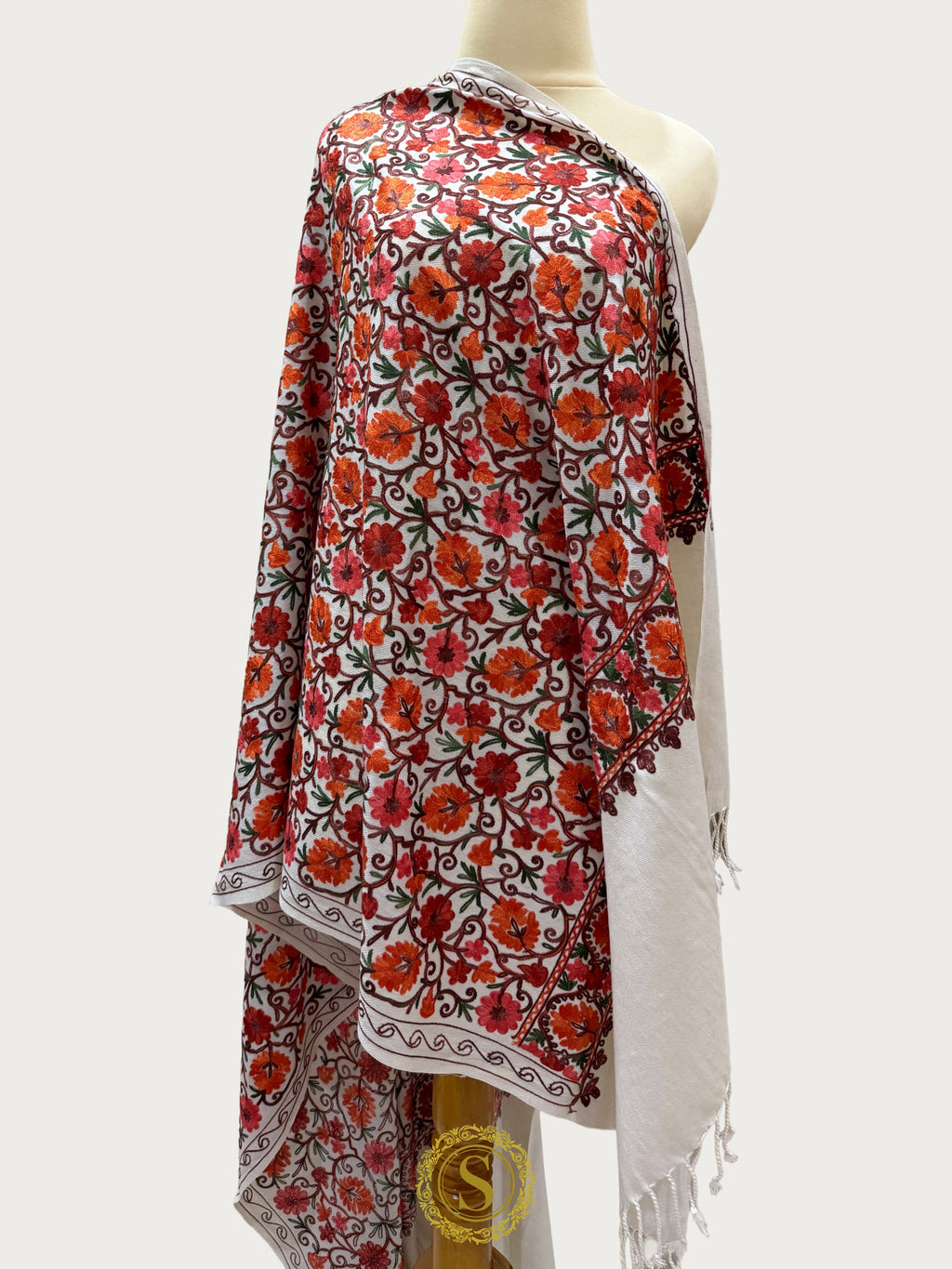 Elegant Kashmiri Aari Work Wool Shawl | Embroidered