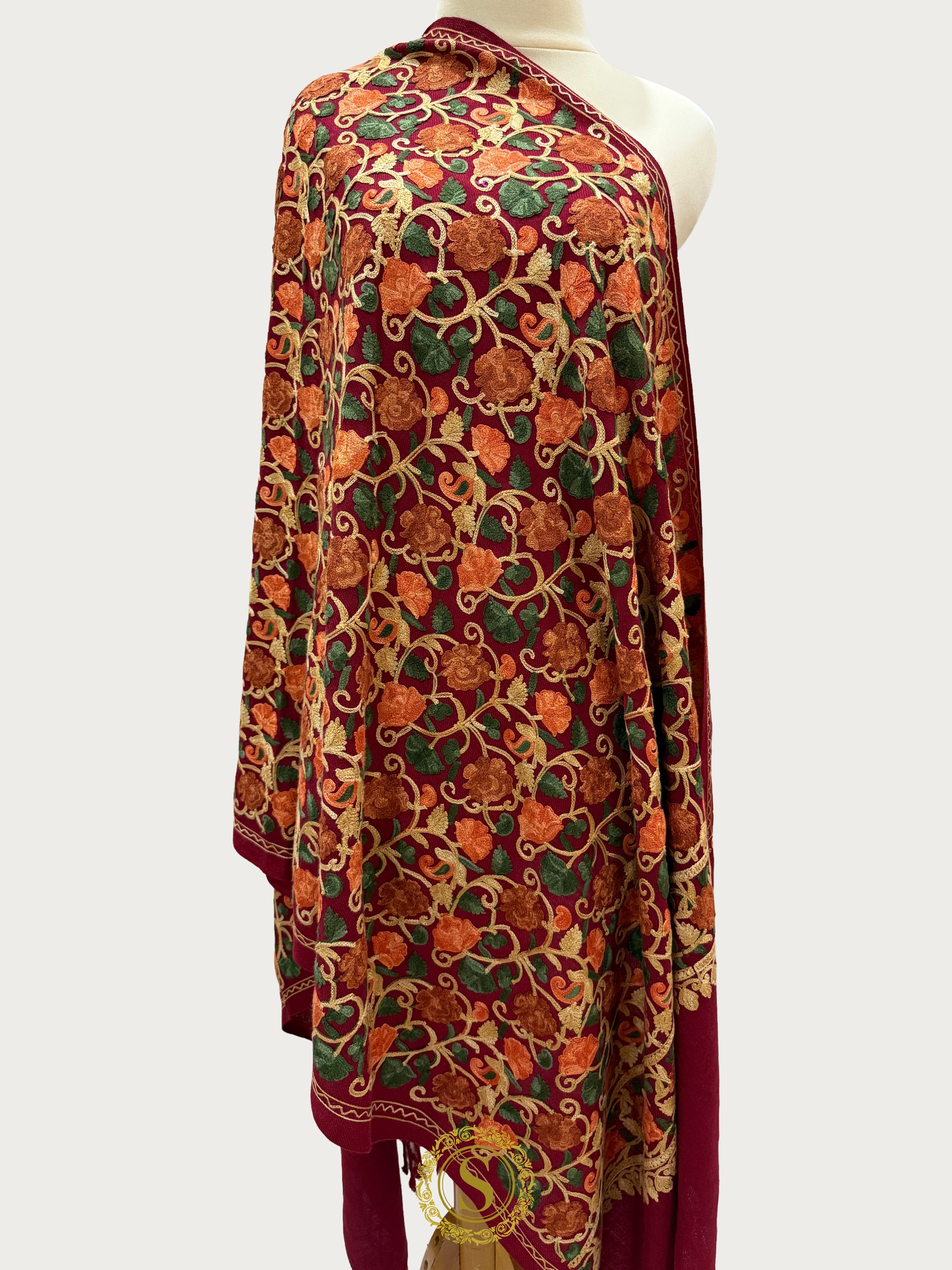 Elegant Kashmiri Aari Work Wool Shawl | Embroidered