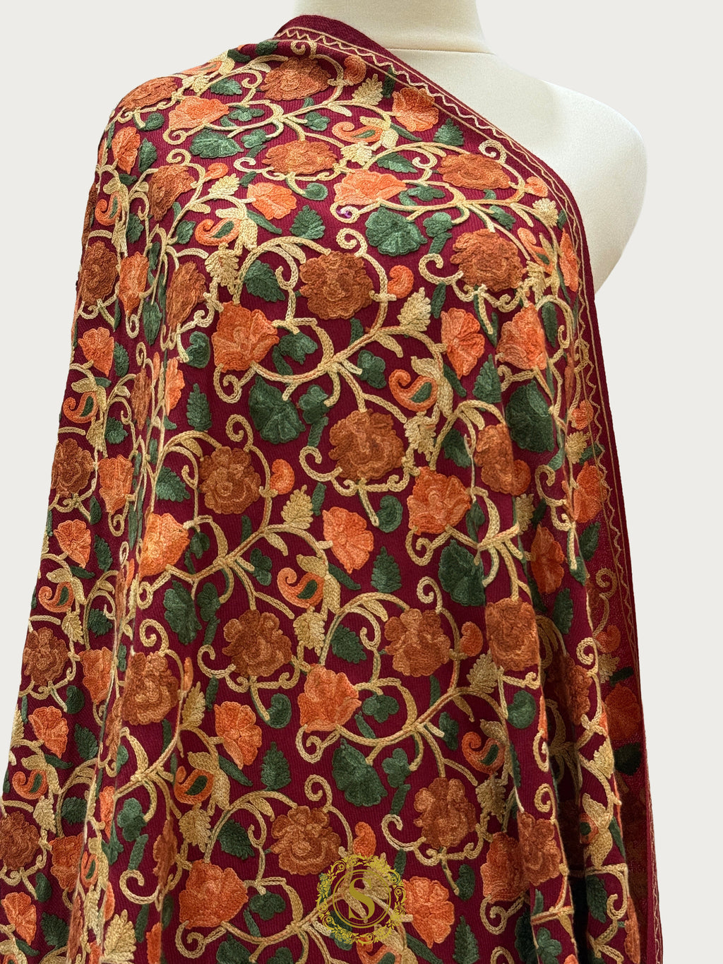 Elegant Kashmiri Aari Work Wool Shawl | Embroidered