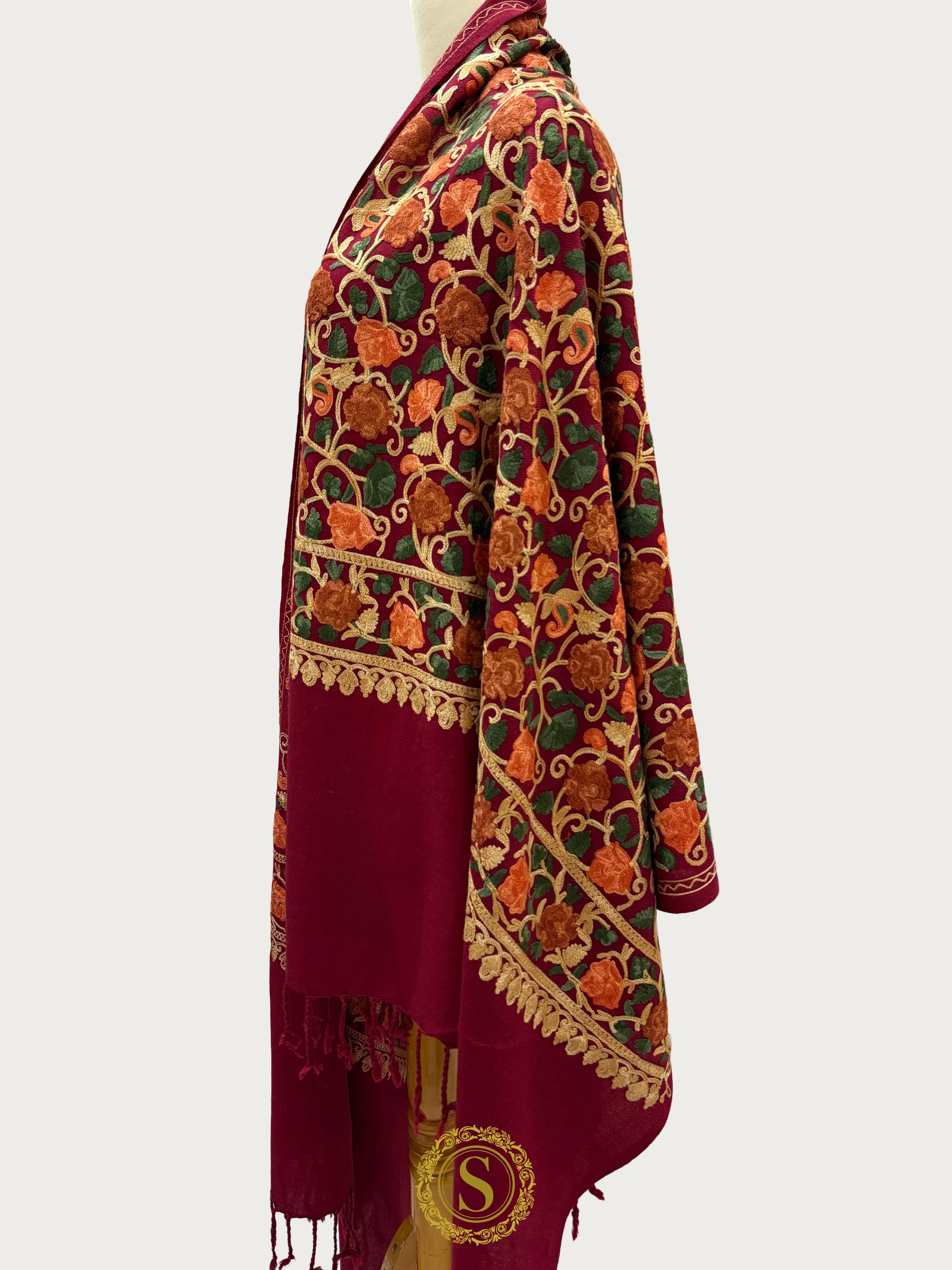 Elegant Kashmiri Aari Work Wool Shawl | Embroidered
